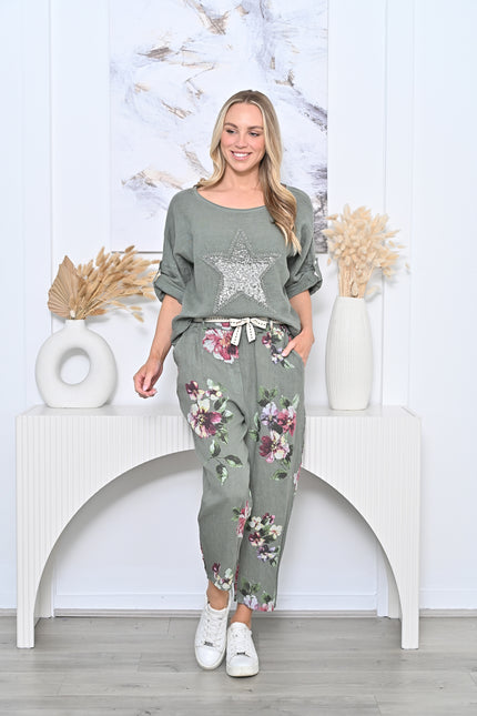 Jasper Printed Linen Pant Khaki