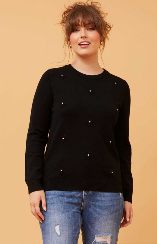 Floral Knit Pullover |Black