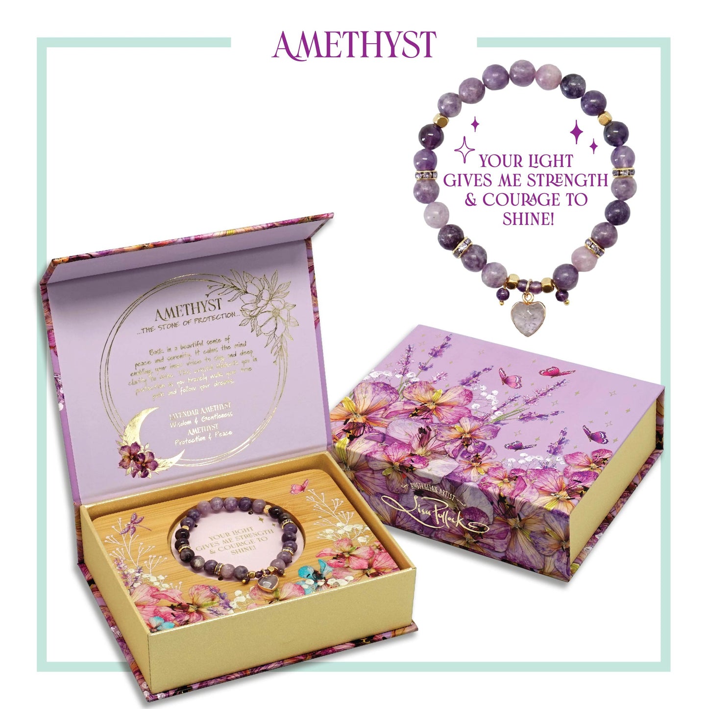 Lisa Pollock Crystal Bracelet & Tray | Amethyst heart Bracelet