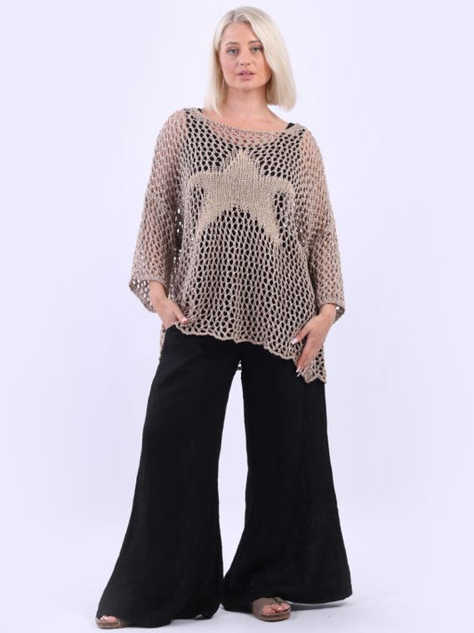 Italian Sassy Star Knit Crochet Mesh Batwing Cotton Top | Beige