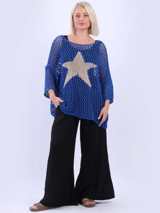 Italian Sassy Star Knit Crochet Mesh Batwing Cotton Top | Blue