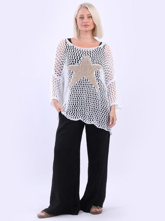 Italian Sassy Star Knit Crochet Mesh Batwing Cotton Top | White