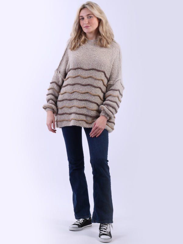 Stripy Batwing Wool Jumper | Mocha