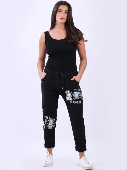 Relaxed Fit Sequin Magic Pants | Black