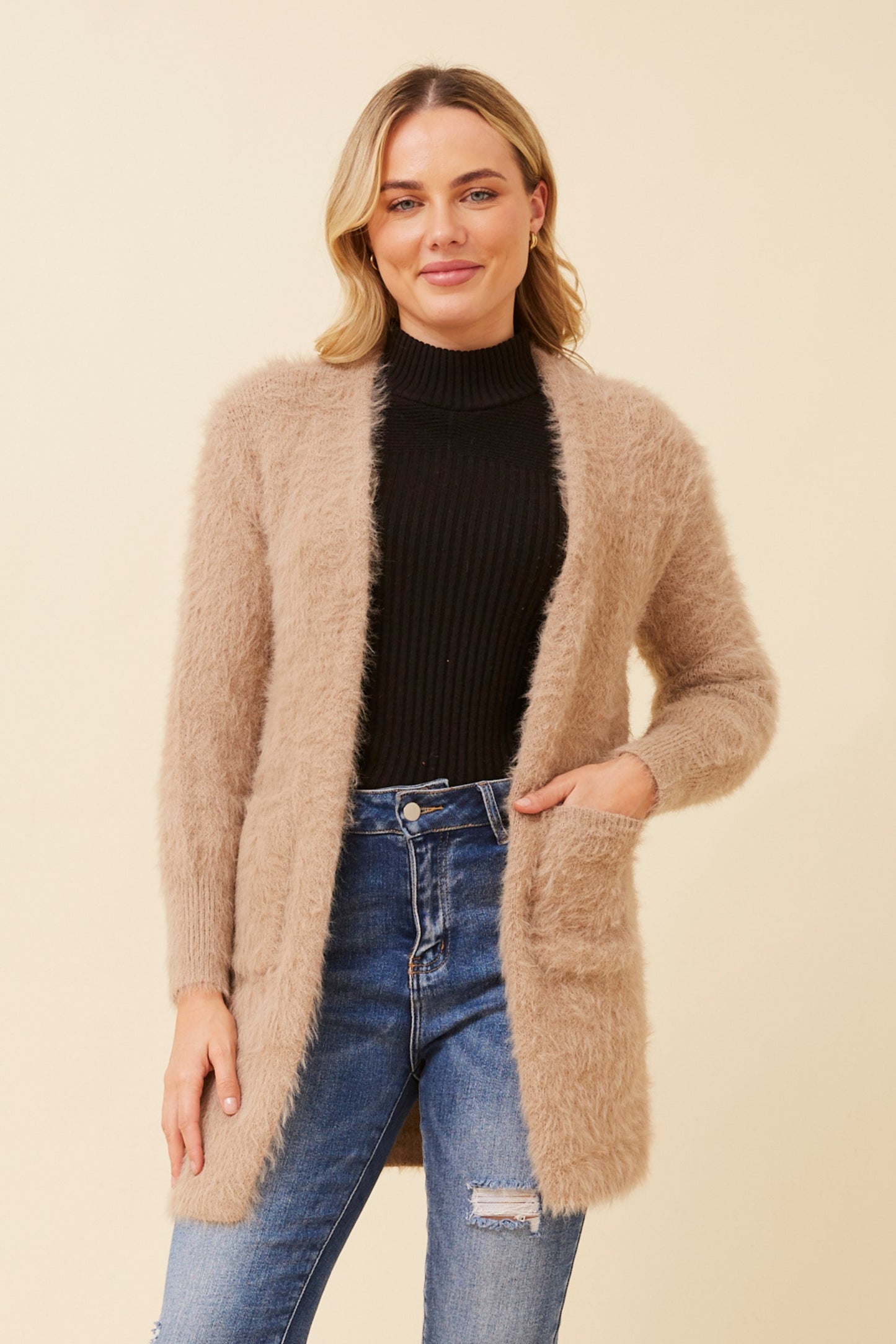 Long Sleeve Eyelash Knit Cardigan | Latte
