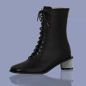 Black Leather Bling Heel Boot