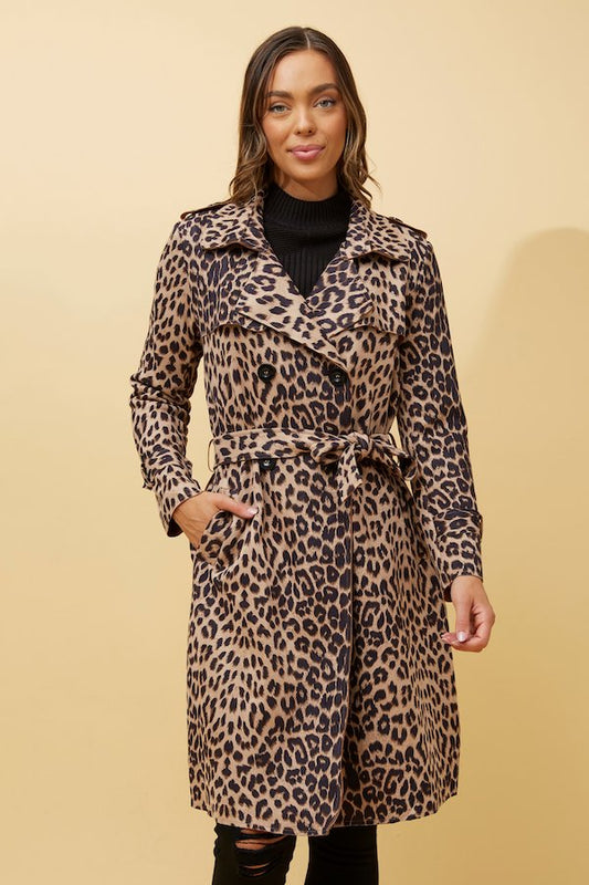 Leopard Print Faux Suede Trench Coat