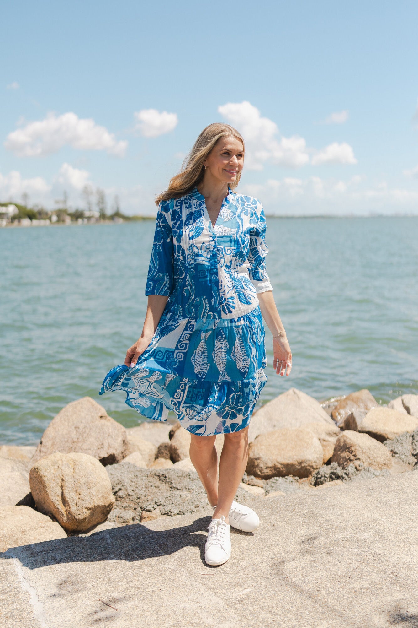 Beth Dress Pleated Drop Waist MonoSea Blue