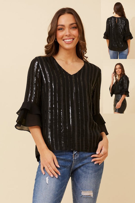 3/4 Frill Sleeve Sequin Blouse