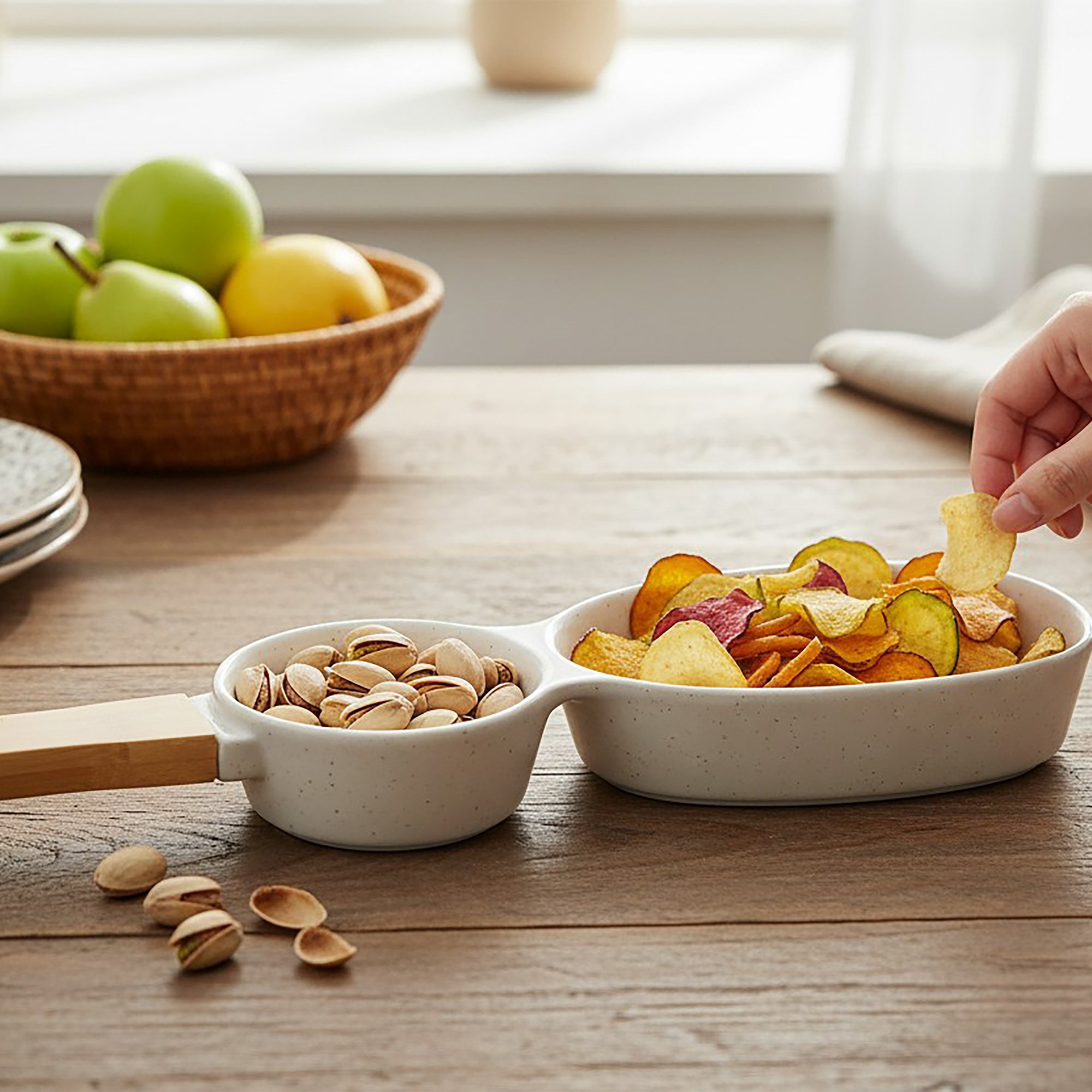 Double Serving Dish with Wooden Handle | Matt White (35x10cm)
