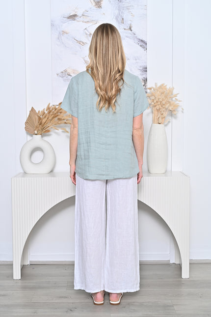 Linen Frill Neck Top Sage