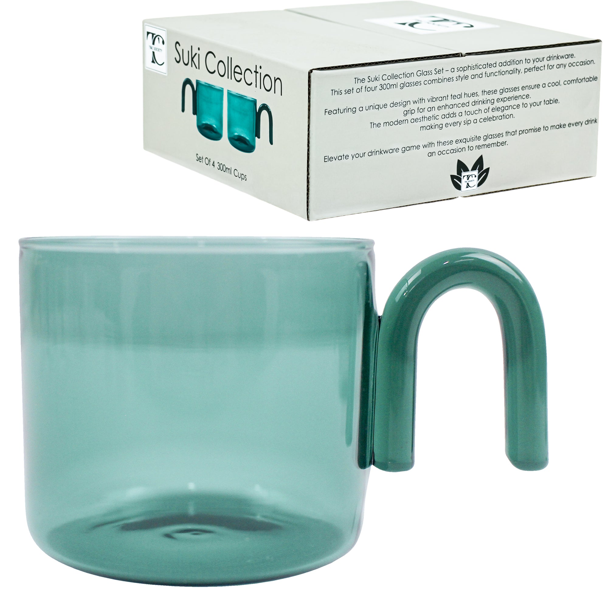 Hued Glass Cups Set of 4 | Teal (300ml)