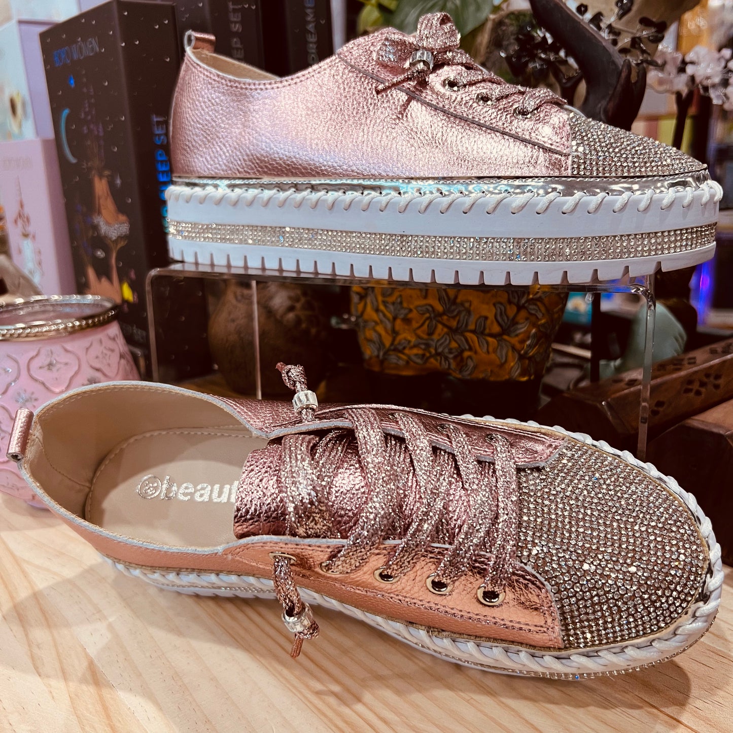 Metallic Pink Diamanté Sneakers