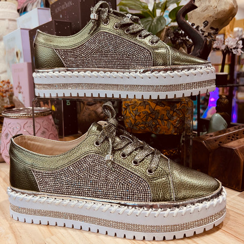 Olive Green Diamanté Sneakers