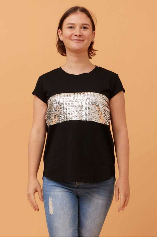 Cap Sleeve Sequin Panel T-Shirt | Black