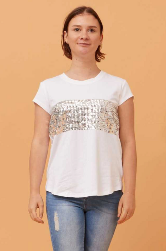Cap Sleeve Sequin Panel T-Shirt | White