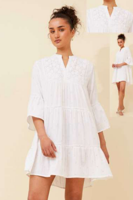 3/4 Sleeve White Tier Dress