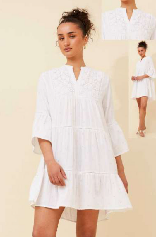 3/4 Sleeve White Tier Dress