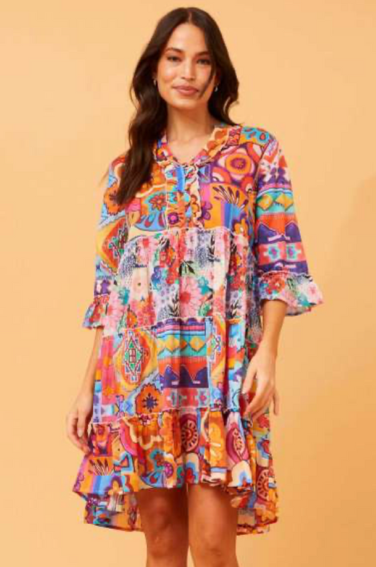 3/4 Sleeve Multi Colour Tier Dress