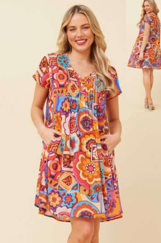 Short Sleeve Pleat Dress Floral