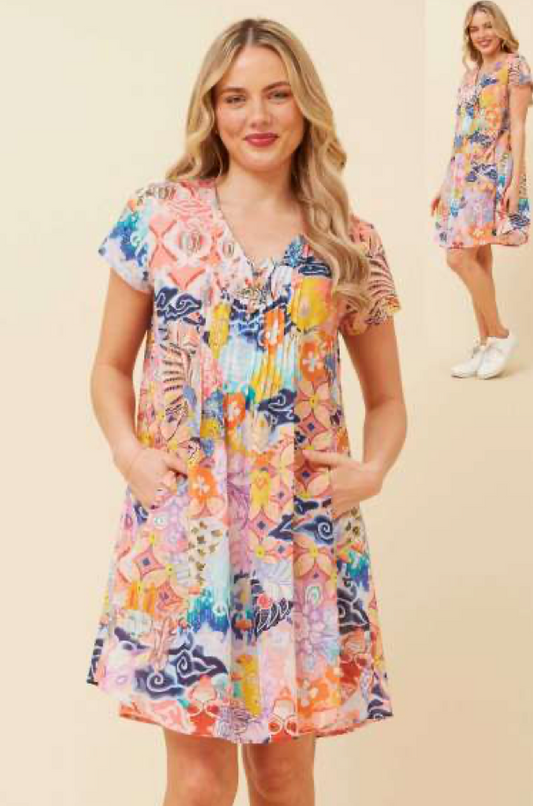 Short Sleeve Pleat Dress Floral 2