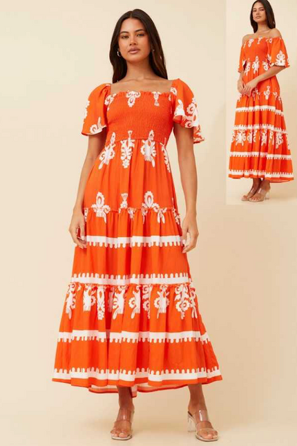 Printed Tiered Maxi Dress | Orange