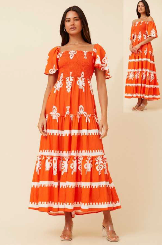 Printed Tiered Maxi Dress | Orange