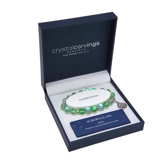 Green Aurora Glass Bracelet 10mm Bead Silver