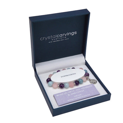 Aquamarine/RoseQ/Amethyst Tree of Life Inspiration Boxed Charm Bracelet