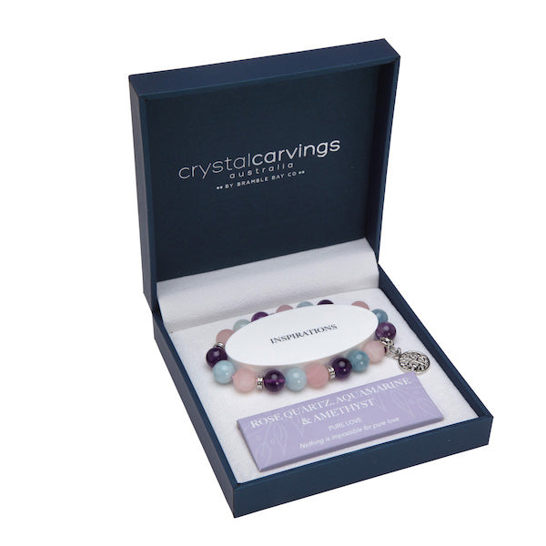 Aquamarine/RoseQ/Amethyst Tree of Life Inspiration Boxed Charm Bracelet