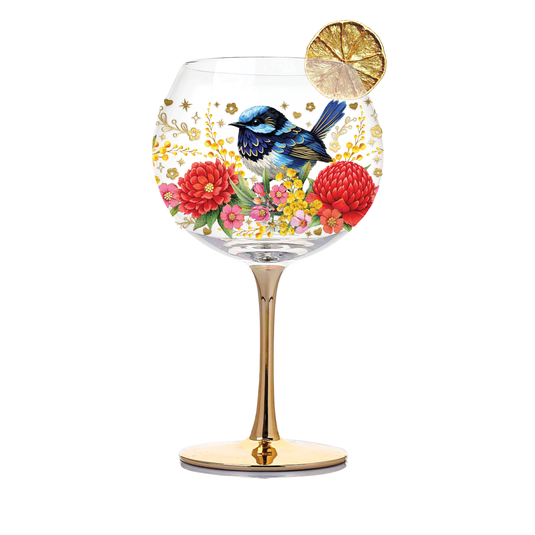 Golden Glamour Cocktail Glass - Floral Fairy Wrens