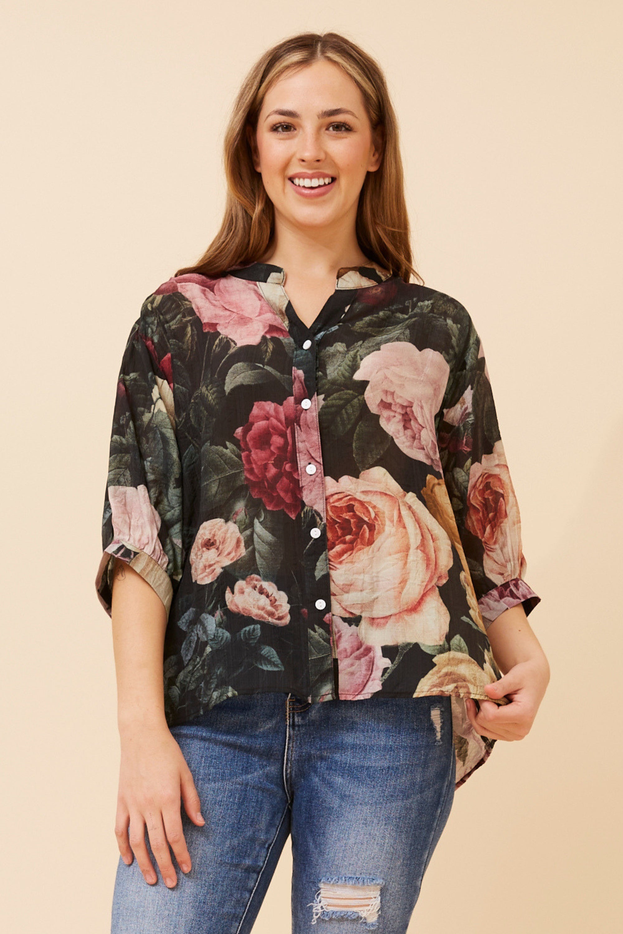 3/4 sleeve floral print shirt with hi-low hem