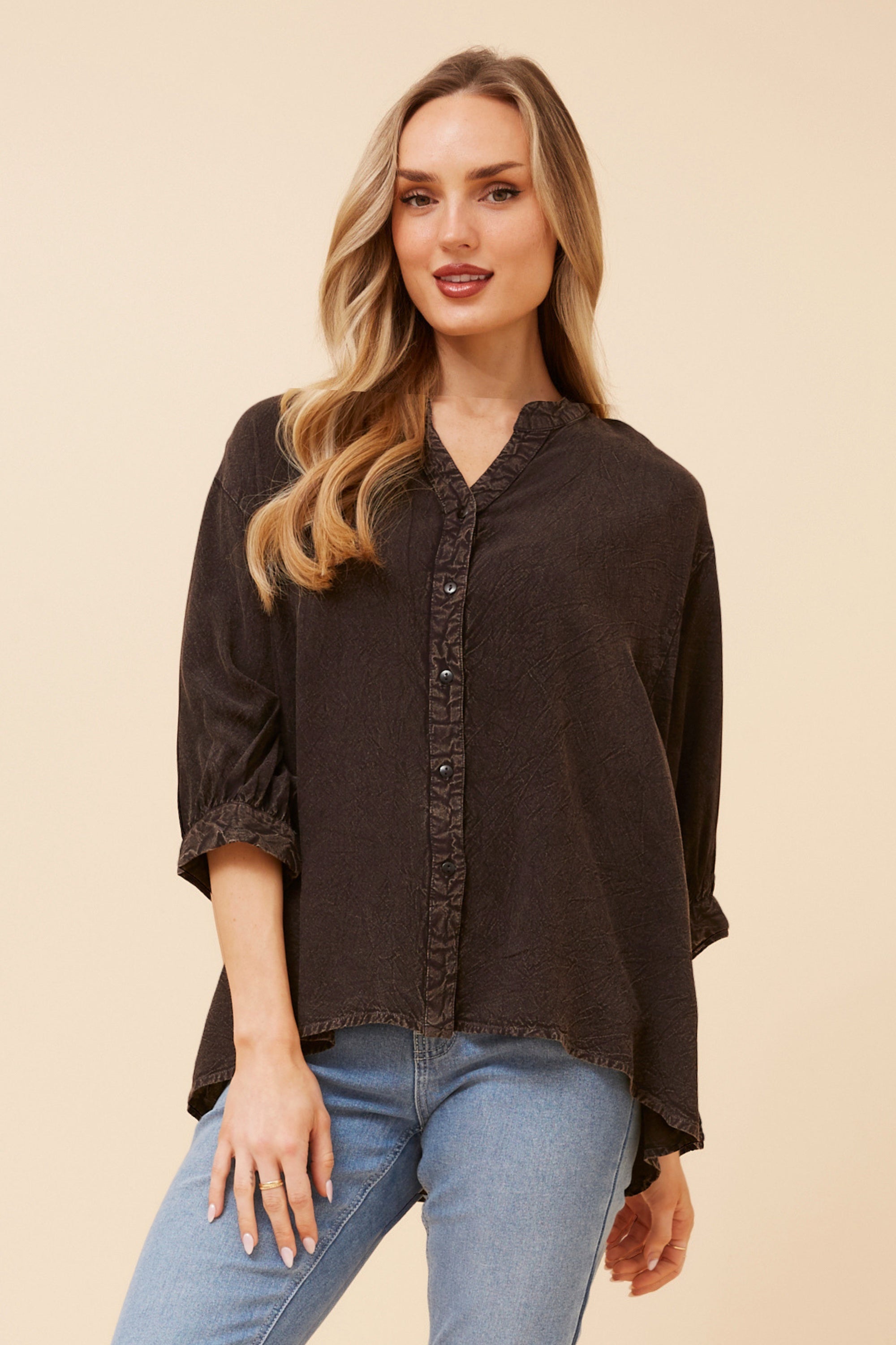 3/4 Sleeves Shirt with Back Button Detail - Bitter Chocolate