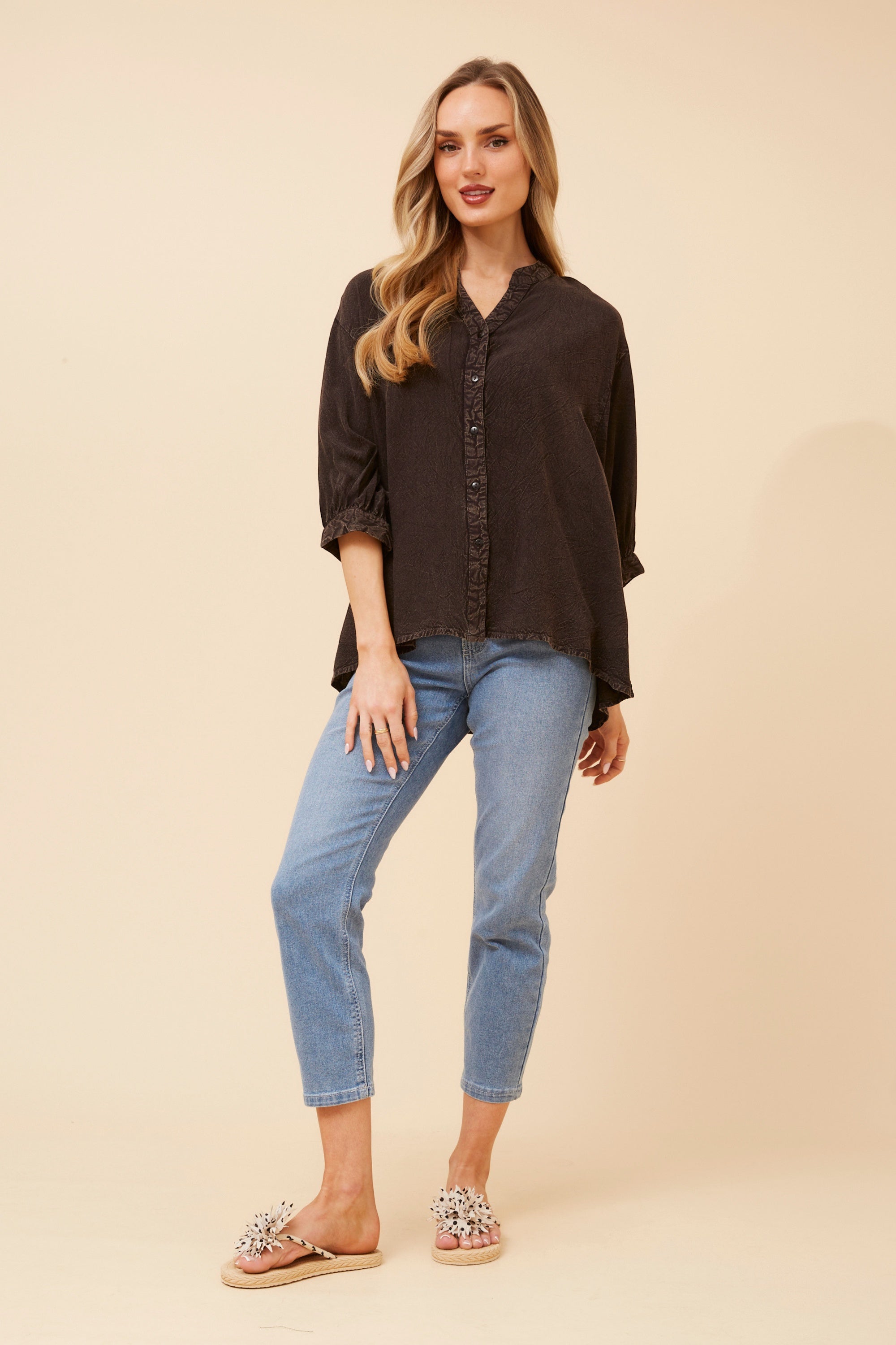 3/4 Sleeves Shirt with Back Button Detail - Bitter Chocolate