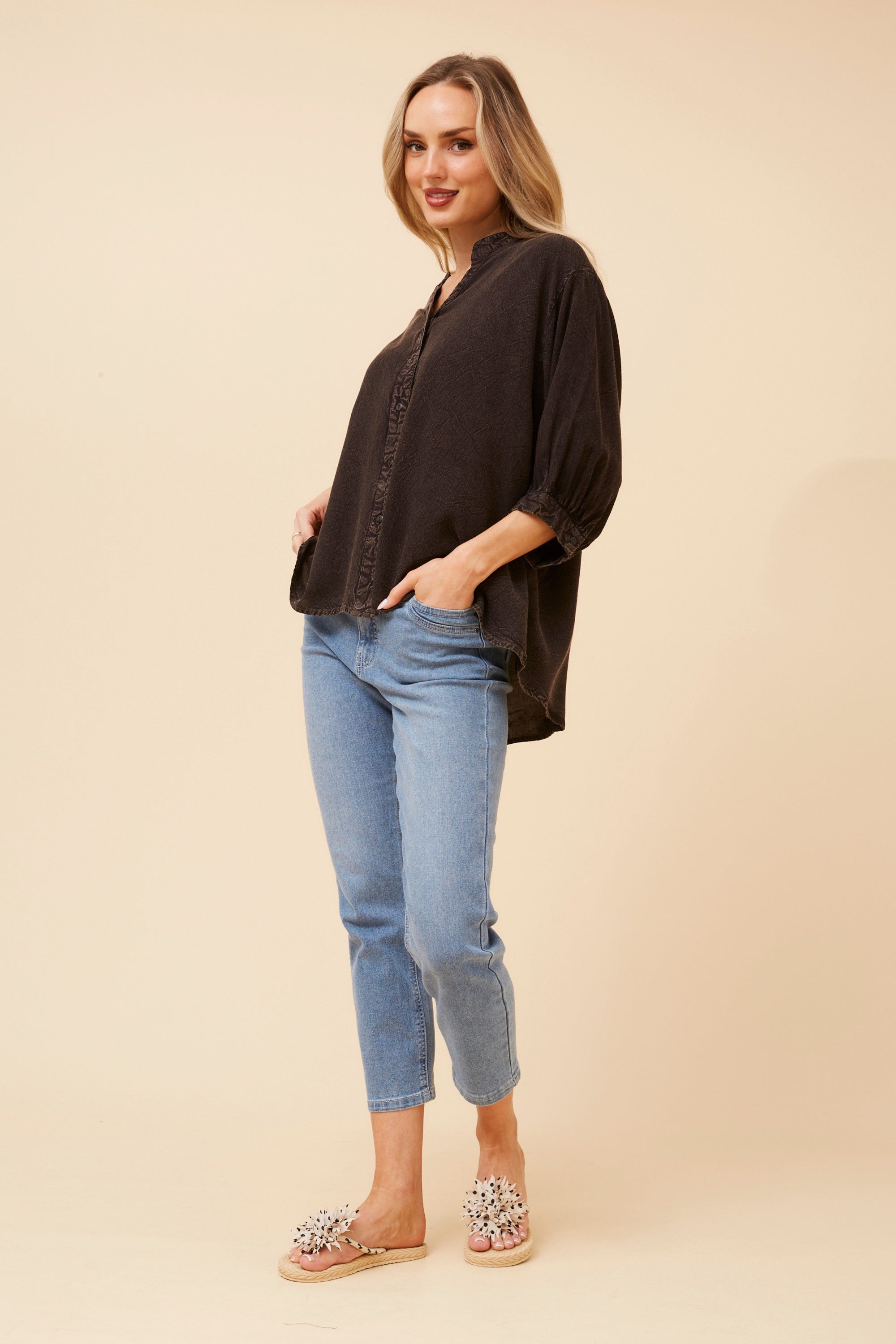 3/4 Sleeves Shirt with Back Button Detail - Bitter Chocolate