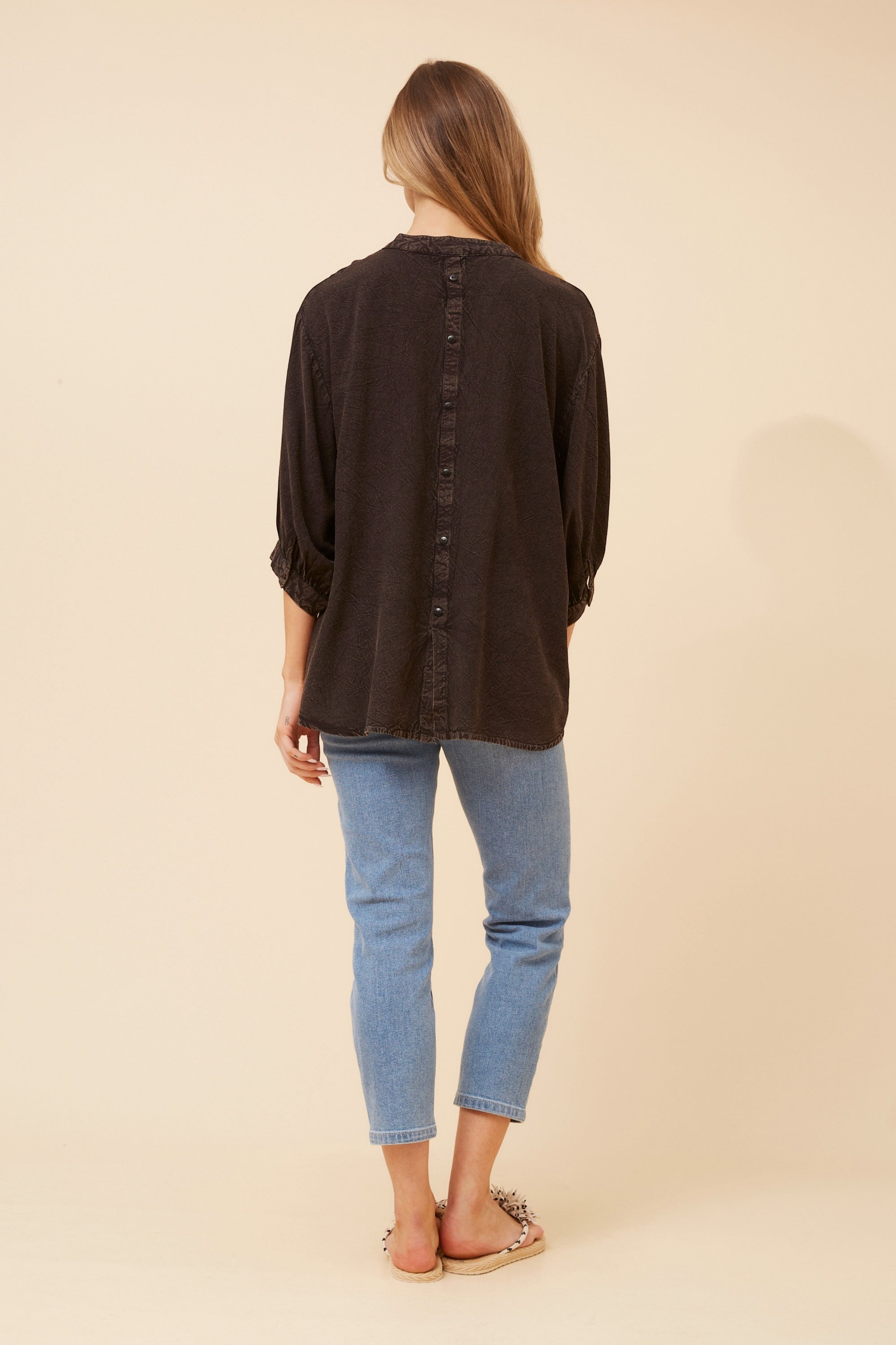 3/4 Sleeves Shirt with Back Button Detail - Bitter Chocolate