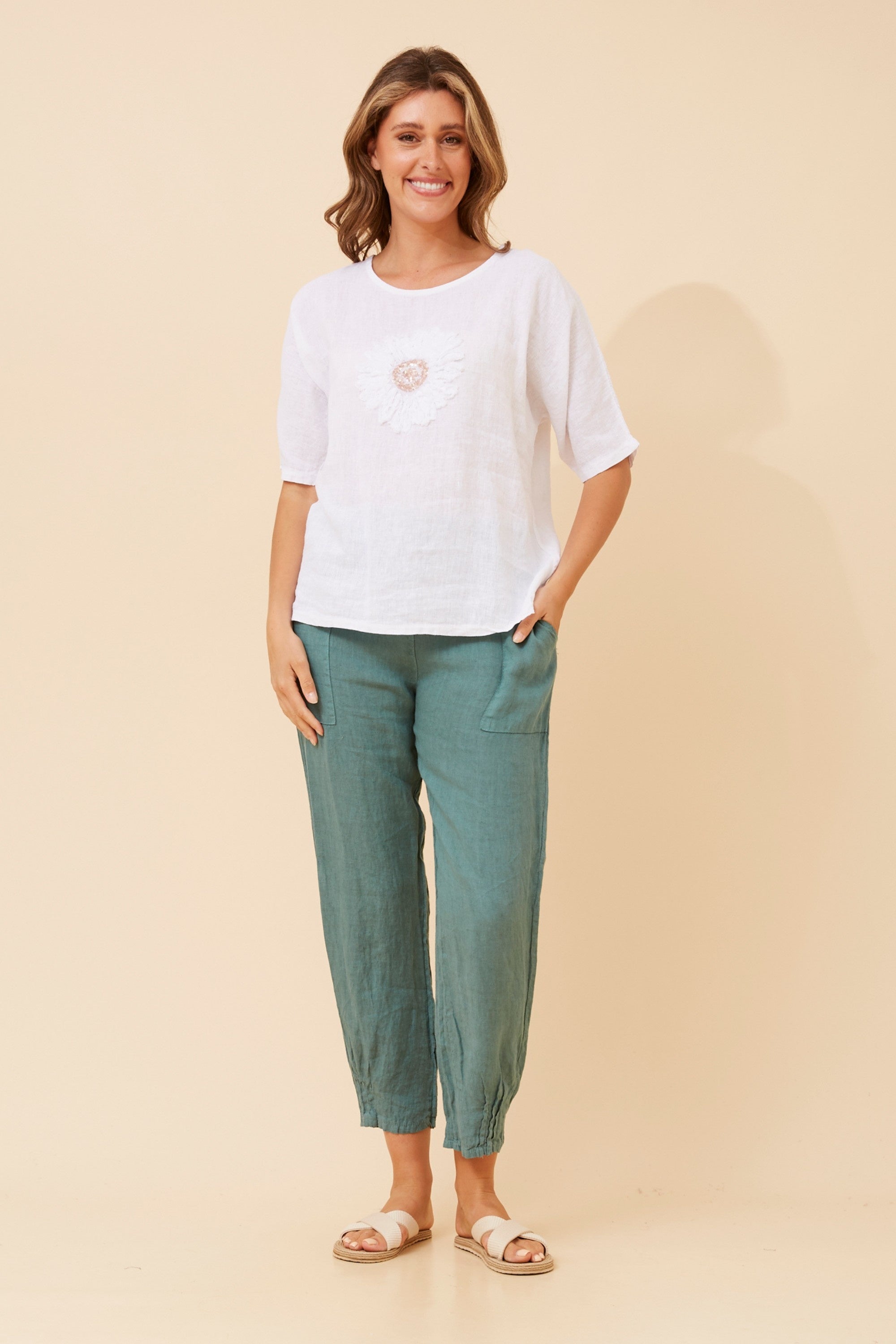 Carena Floral Linen Top - White