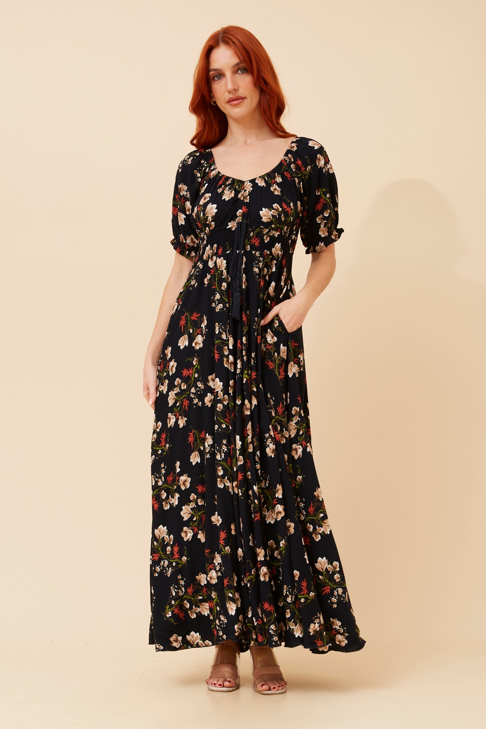 Short puff sleeve floral maxi dress with scoop neckline