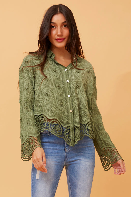 Long Sleeve Lace Detail Top | Green