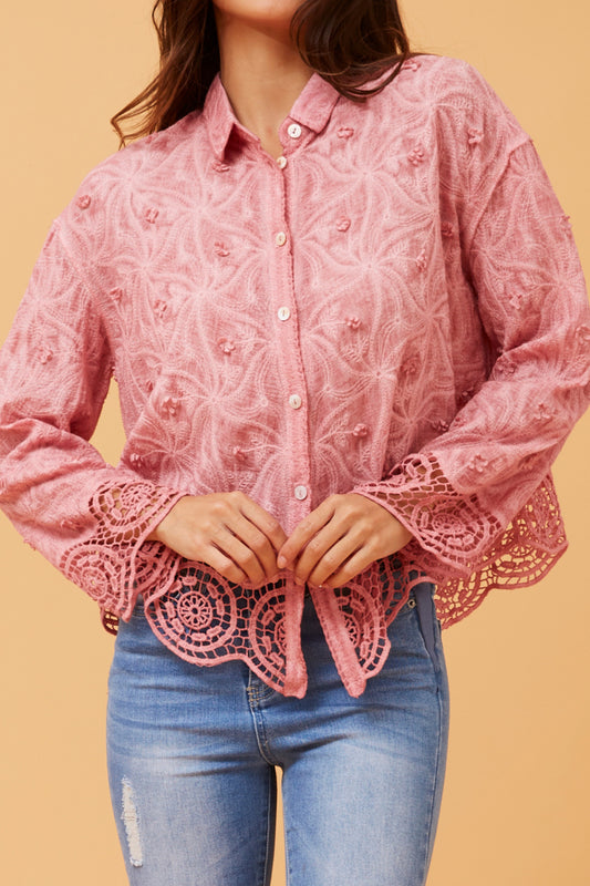 Long Sleeve Lace Detail Top | Pink