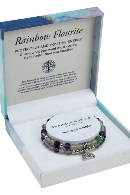 Tree of Life Duo Bracelet Set - Rainbow Fluorite Rhodium