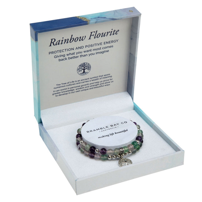 Tree of Life Duo Bracelet Set - Rainbow Fluorite Rhodium