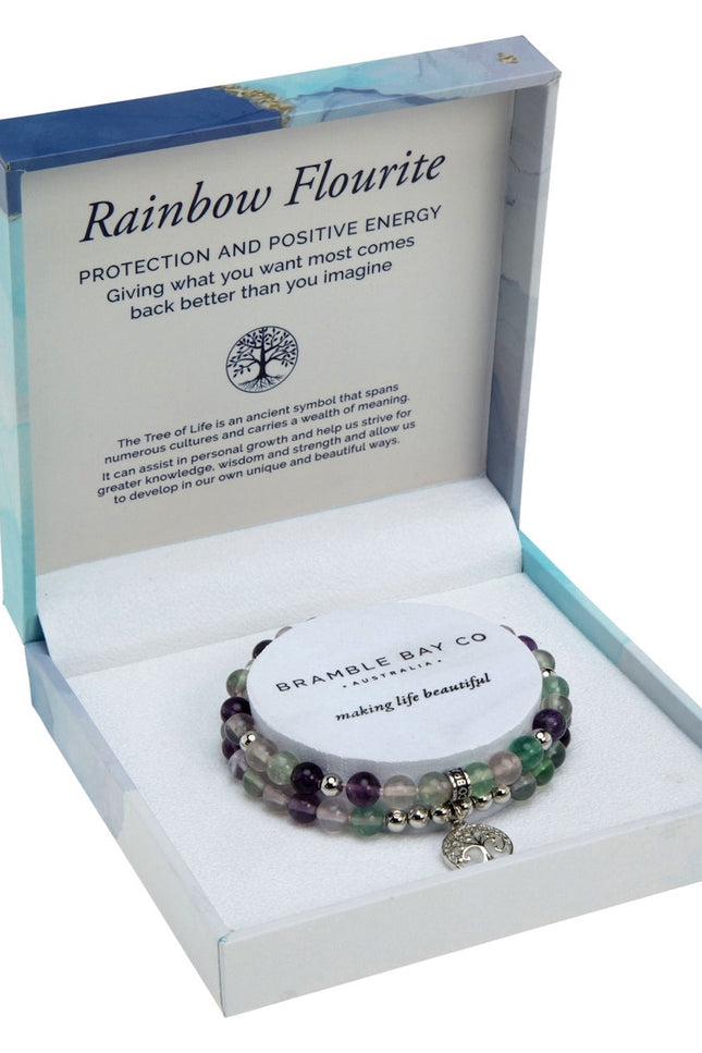 Tree of Life Duo Bracelet Set - Rainbow Fluorite Rhodium
