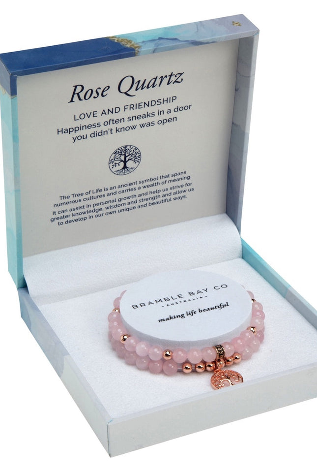 Tree of Life Duo Bracelet Set - Rose Quartz Gold