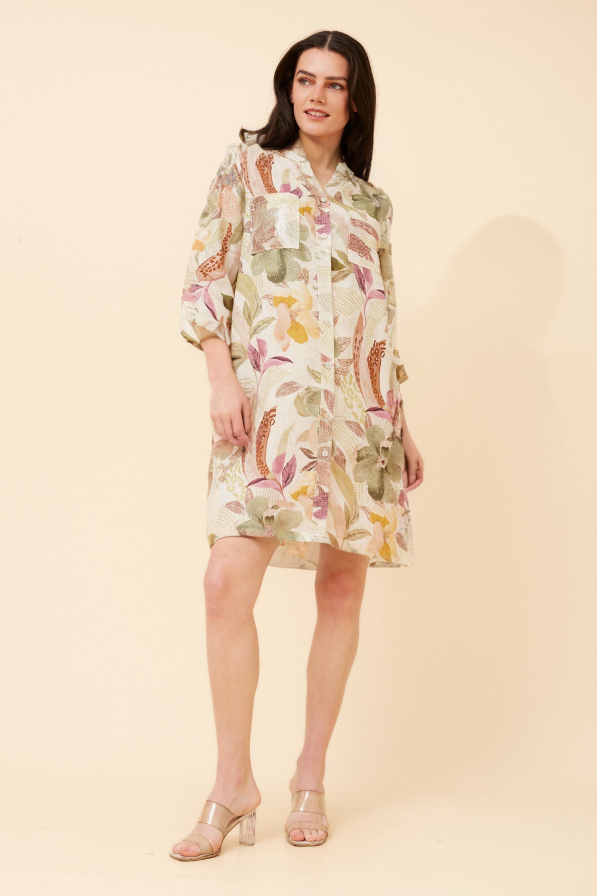 Short Sleeve Button Down Shirt Dress - Multi Cream