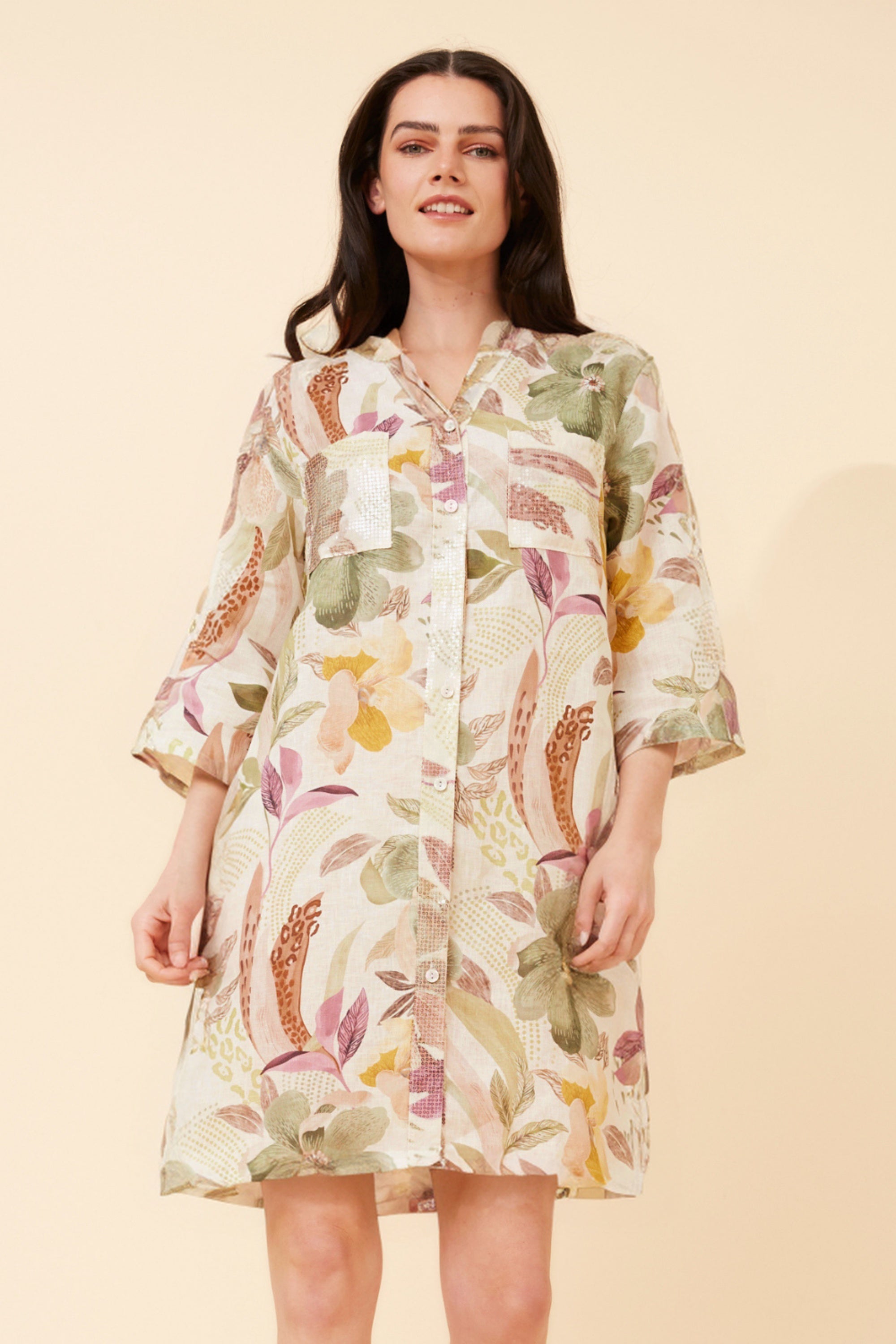 Short Sleeve Button Down Shirt Dress - Multi Cream
