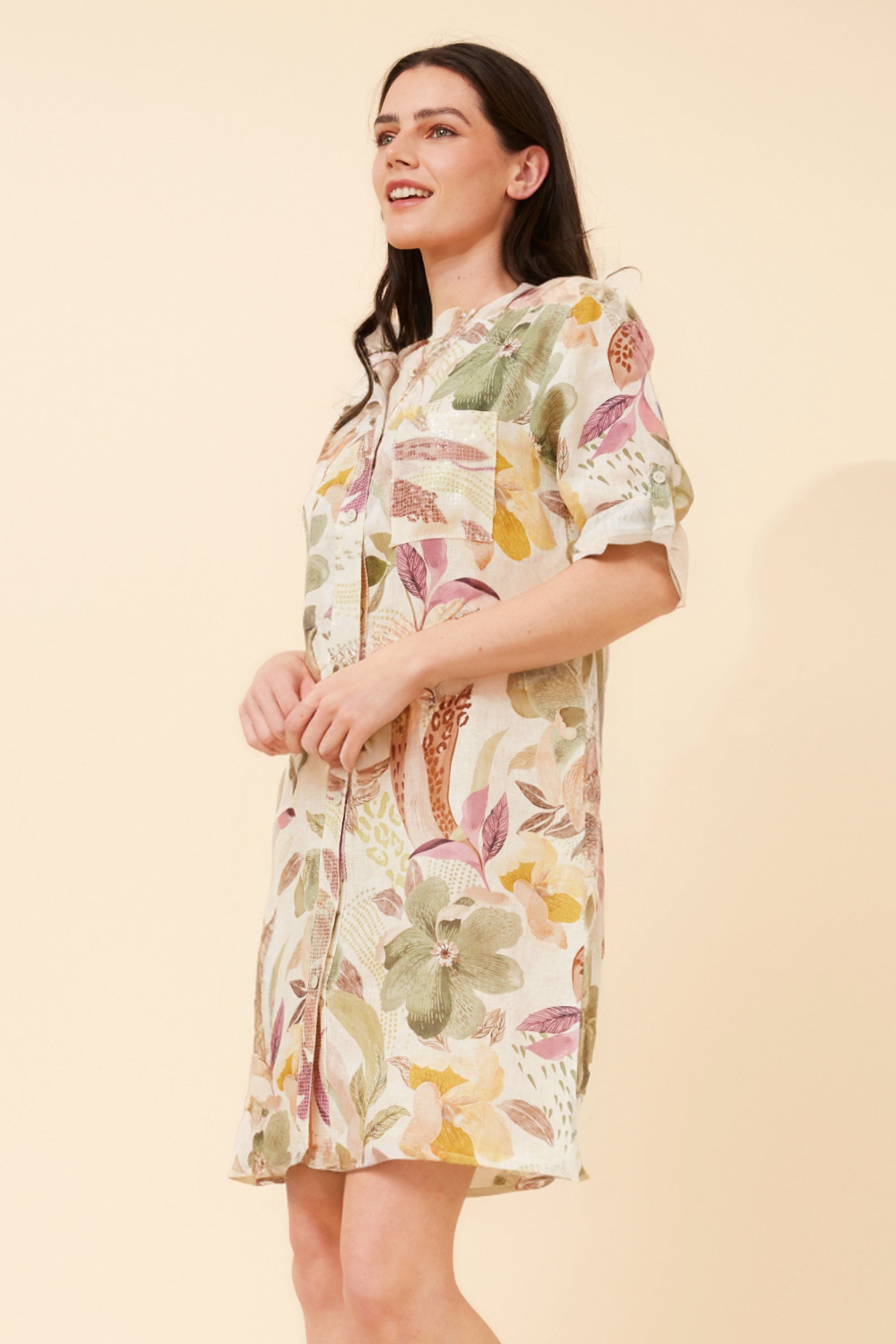 Short Sleeve Button Down Shirt Dress - Multi Cream