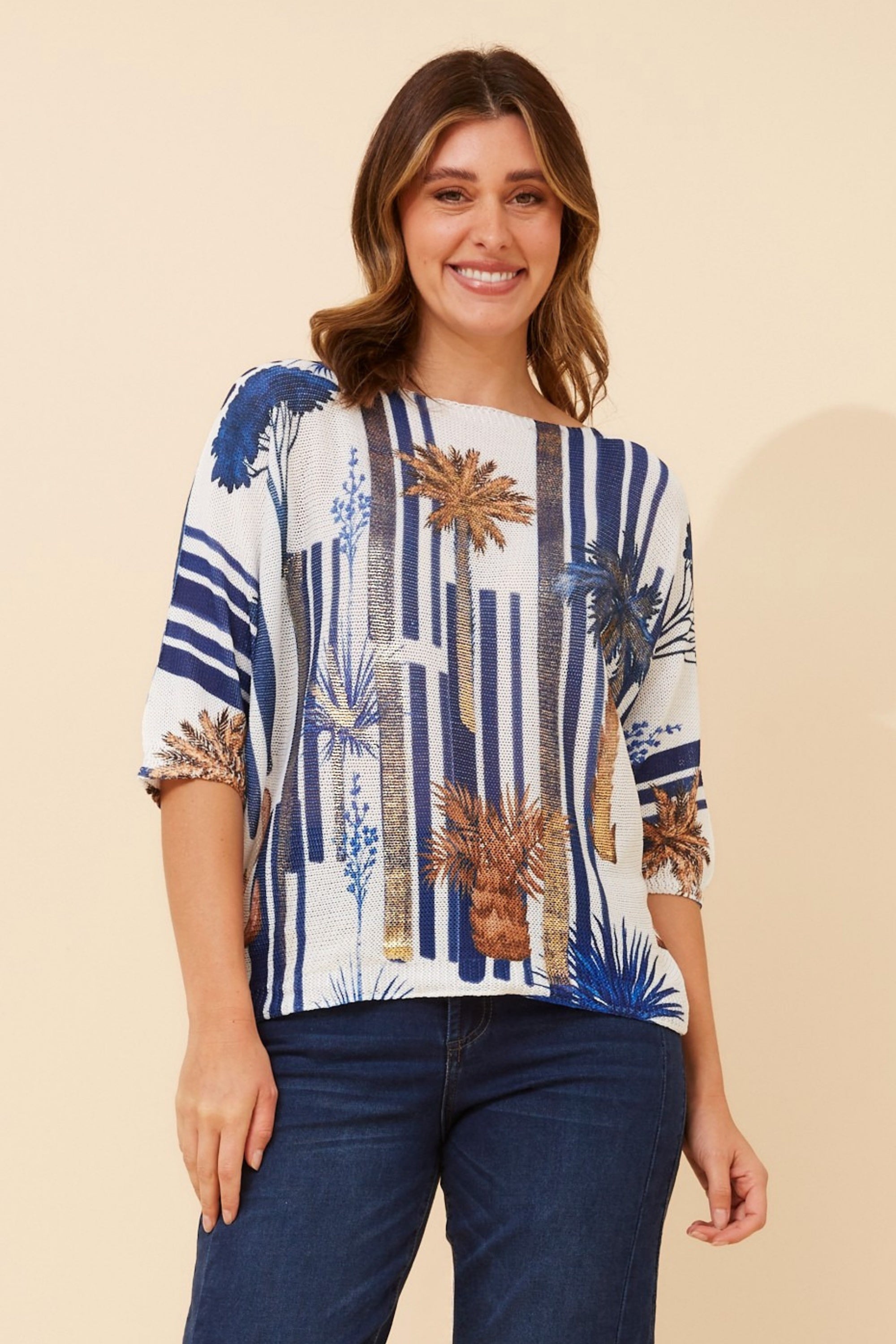 3/4 Sleeve Palm Tree/Foil Print Pullover - Navy