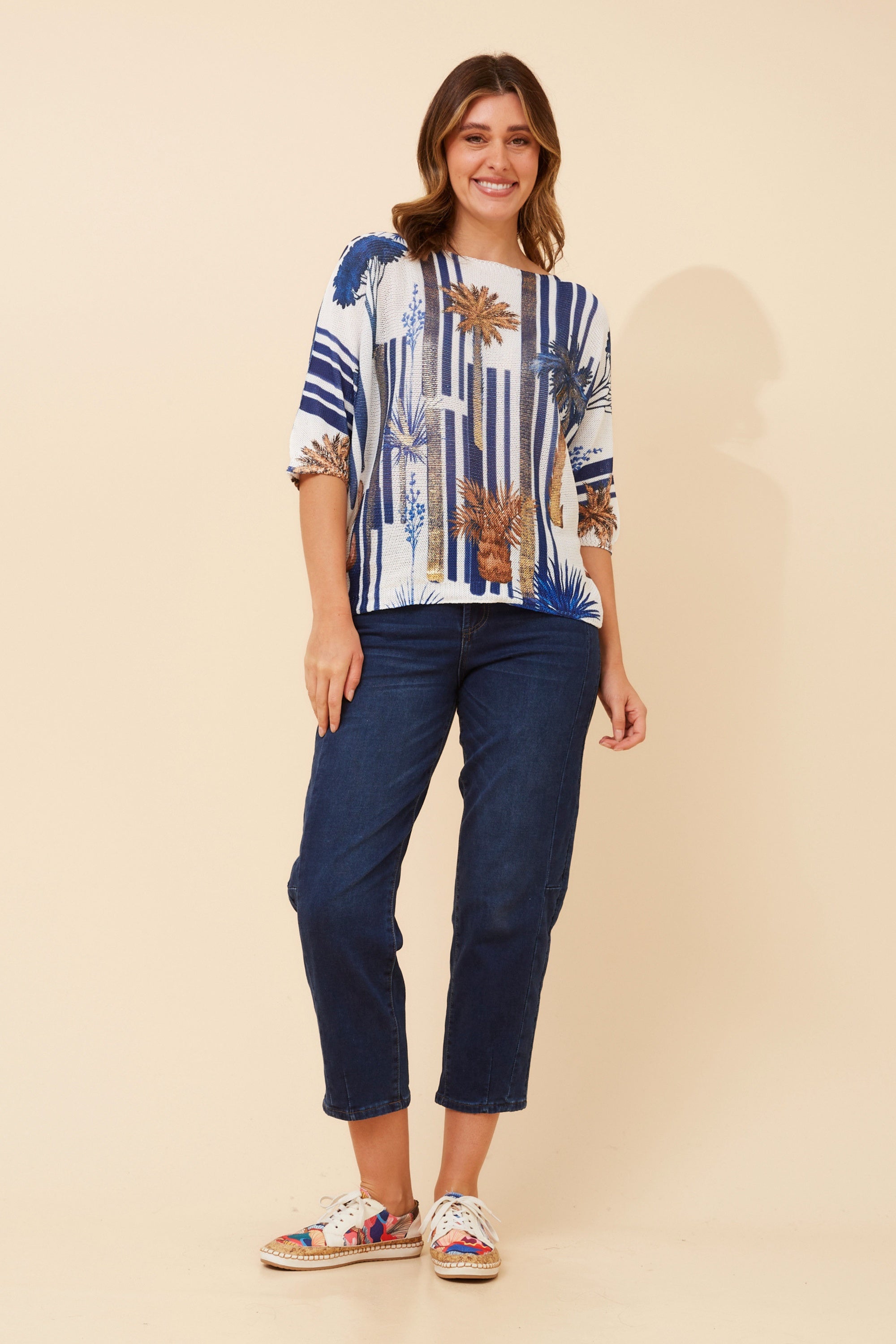 3/4 Sleeve Palm Tree/Foil Print Pullover - Navy