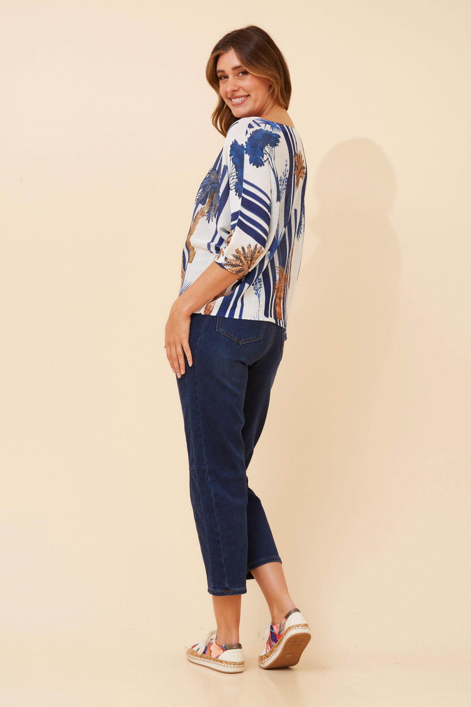 3/4 Sleeve Palm Tree/Foil Print Pullover - Navy